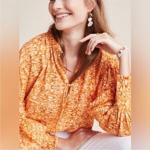 NWT Anthropologie | Women’s Orange White Leopard Print Puff Sleeve Blouse Size 4